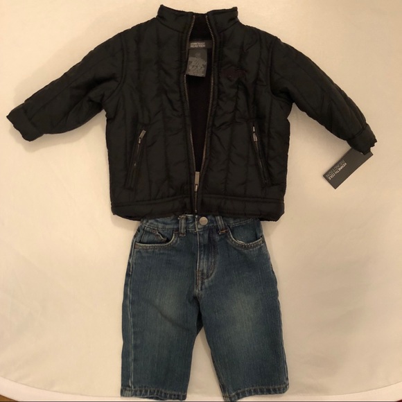 Kenneth Cole Reaction black puffy jacket and jeans set - Picture 1 of 8